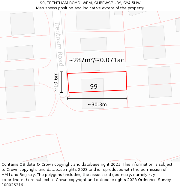 99, TRENTHAM ROAD, WEM, SHREWSBURY, SY4 5HW: Plot and title map