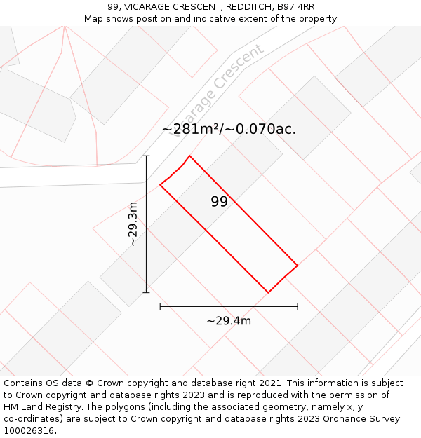 99, VICARAGE CRESCENT, REDDITCH, B97 4RR: Plot and title map