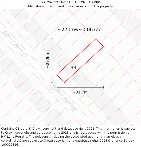 99, WALCOT AVENUE, LUTON, LU2 0PP: Plot and title map
