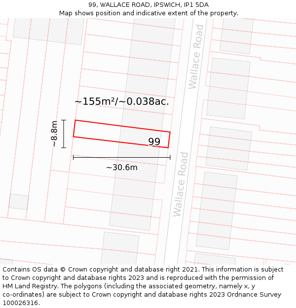 99, WALLACE ROAD, IPSWICH, IP1 5DA: Plot and title map