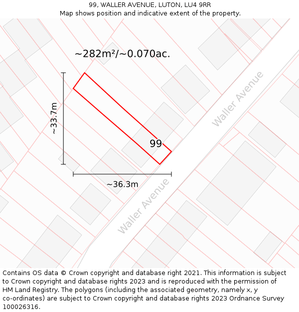 99, WALLER AVENUE, LUTON, LU4 9RR: Plot and title map