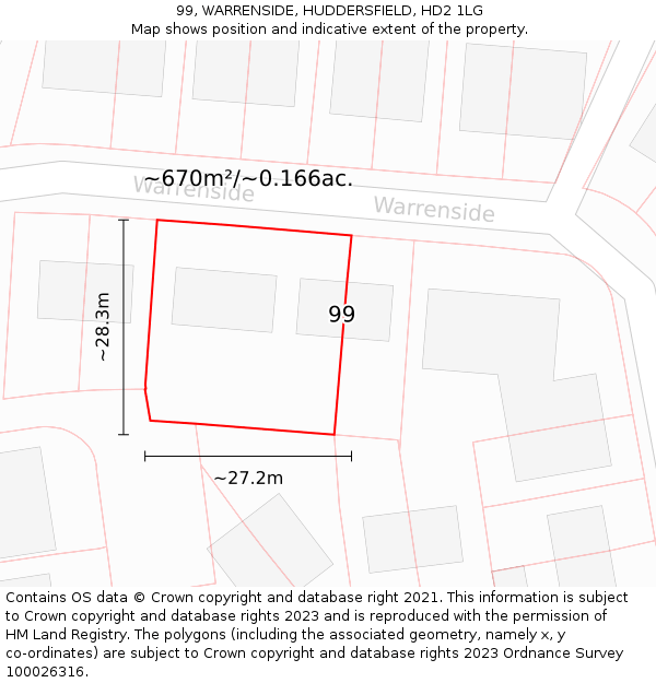 99, WARRENSIDE, HUDDERSFIELD, HD2 1LG: Plot and title map