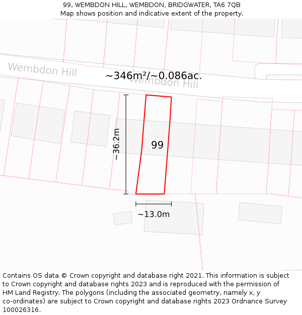 99, WEMBDON HILL, WEMBDON, BRIDGWATER, TA6 7QB: Plot and title map