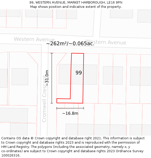 99, WESTERN AVENUE, MARKET HARBOROUGH, LE16 9PN: Plot and title map
