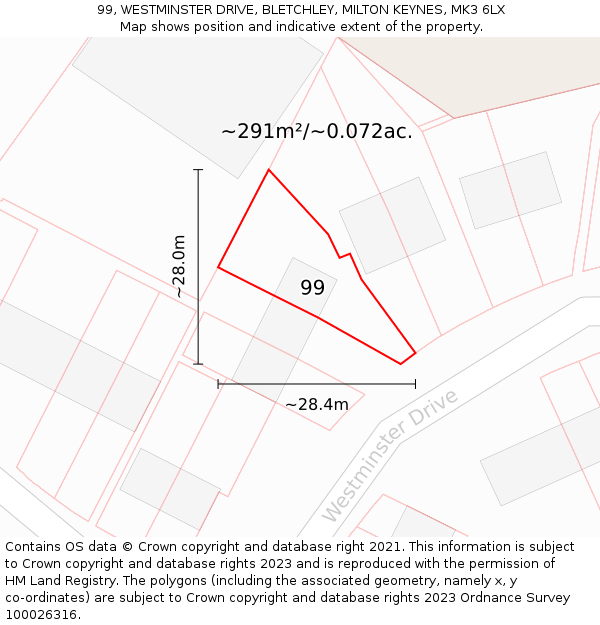 99, WESTMINSTER DRIVE, BLETCHLEY, MILTON KEYNES, MK3 6LX: Plot and title map