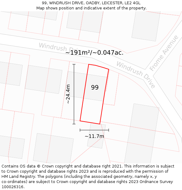 99, WINDRUSH DRIVE, OADBY, LEICESTER, LE2 4GL: Plot and title map