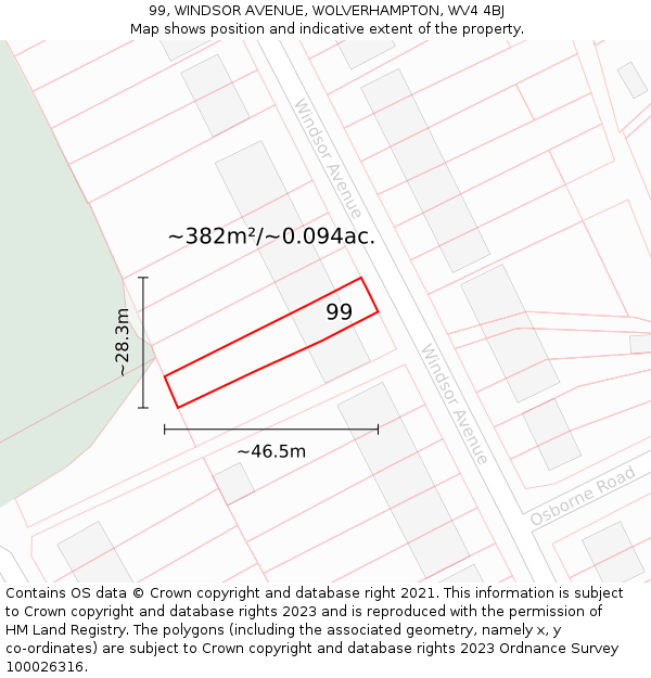 99, WINDSOR AVENUE, WOLVERHAMPTON, WV4 4BJ: Plot and title map