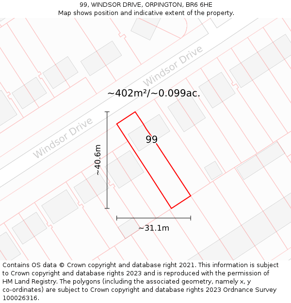 99, WINDSOR DRIVE, ORPINGTON, BR6 6HE: Plot and title map
