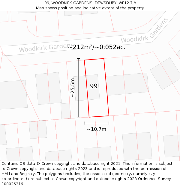 99, WOODKIRK GARDENS, DEWSBURY, WF12 7JA: Plot and title map