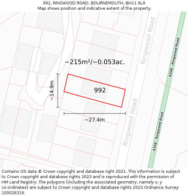 992, RINGWOOD ROAD, BOURNEMOUTH, BH11 9LA: Plot and title map