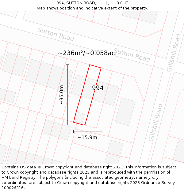 994, SUTTON ROAD, HULL, HU8 0HT: Plot and title map