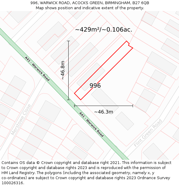 996, WARWICK ROAD, ACOCKS GREEN, BIRMINGHAM, B27 6QB: Plot and title map
