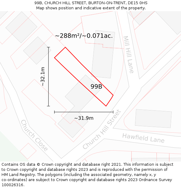 99B, CHURCH HILL STREET, BURTON-ON-TRENT, DE15 0HS: Plot and title map