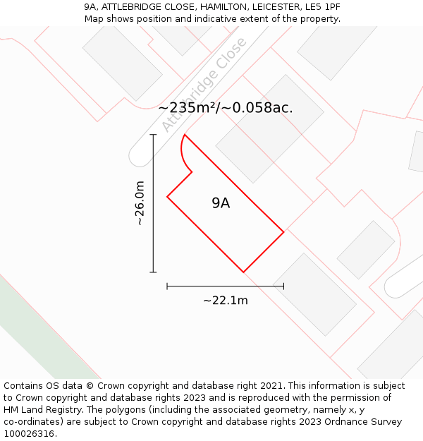9A, ATTLEBRIDGE CLOSE, HAMILTON, LEICESTER, LE5 1PF: Plot and title map