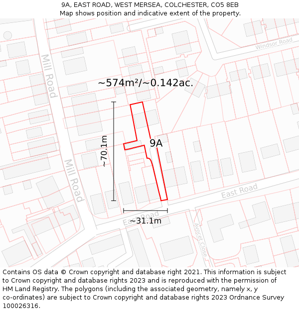 9A, EAST ROAD, WEST MERSEA, COLCHESTER, CO5 8EB: Plot and title map