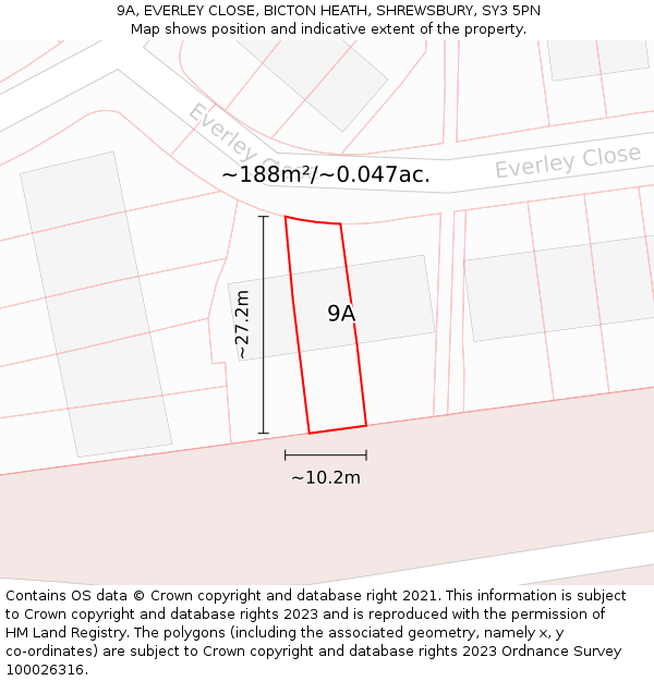 9A, EVERLEY CLOSE, BICTON HEATH, SHREWSBURY, SY3 5PN: Plot and title map