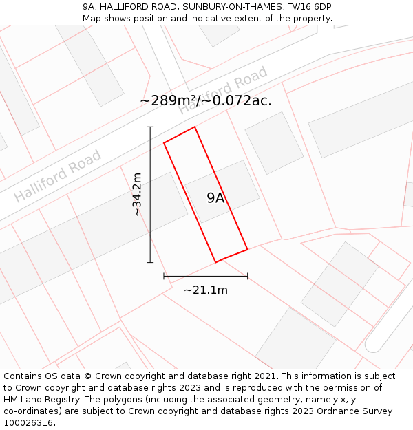 9A, HALLIFORD ROAD, SUNBURY-ON-THAMES, TW16 6DP: Plot and title map