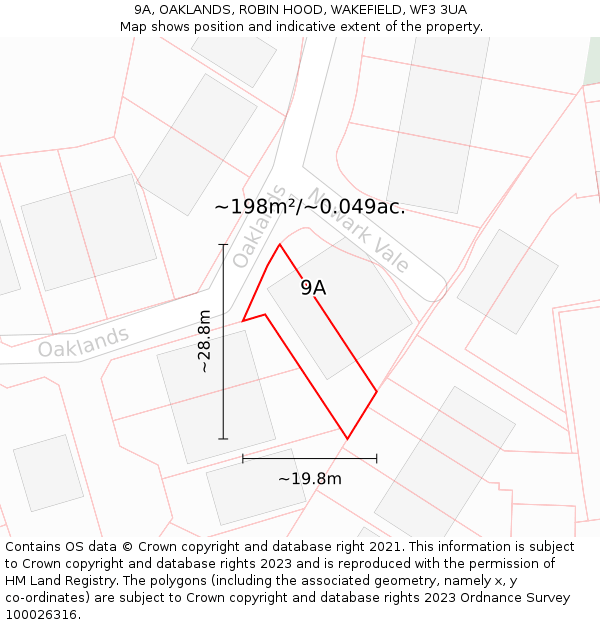 9A, OAKLANDS, ROBIN HOOD, WAKEFIELD, WF3 3UA: Plot and title map