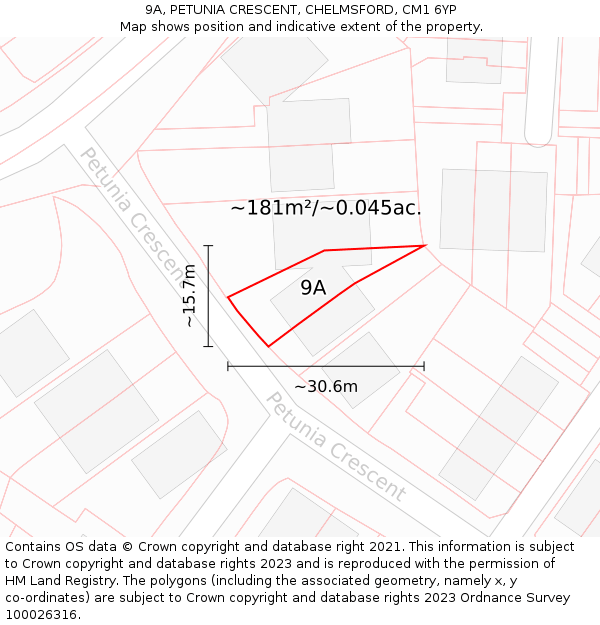 9A, PETUNIA CRESCENT, CHELMSFORD, CM1 6YP: Plot and title map