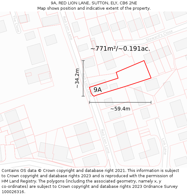 9A, RED LION LANE, SUTTON, ELY, CB6 2NE: Plot and title map
