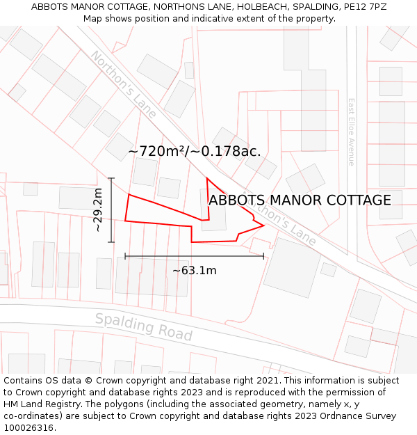 ABBOTS MANOR COTTAGE, NORTHONS LANE, HOLBEACH, SPALDING, PE12 7PZ: Plot and title map