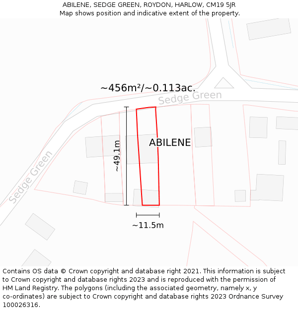 ABILENE, SEDGE GREEN, ROYDON, HARLOW, CM19 5JR: Plot and title map