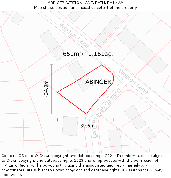 ABINGER, WESTON LANE, BATH, BA1 4AA: Plot and title map