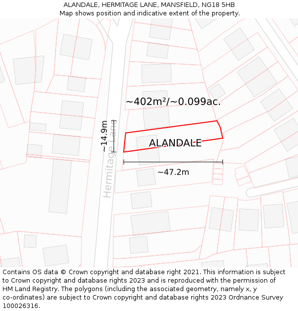 ALANDALE, HERMITAGE LANE, MANSFIELD, NG18 5HB: Plot and title map