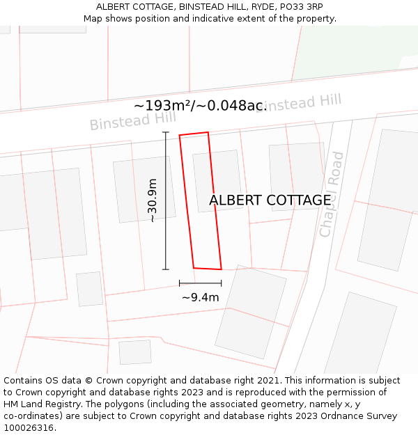 ALBERT COTTAGE, BINSTEAD HILL, RYDE, PO33 3RP: Plot and title map