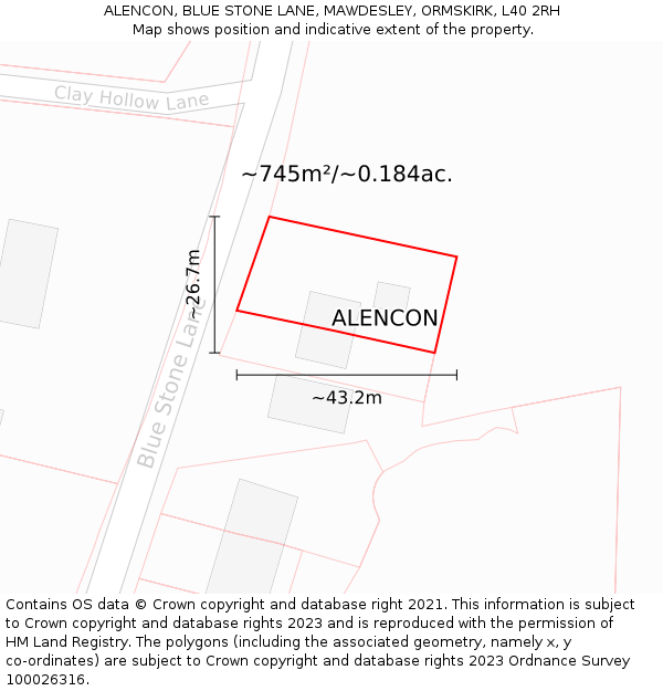 ALENCON, BLUE STONE LANE, MAWDESLEY, ORMSKIRK, L40 2RH: Plot and title map