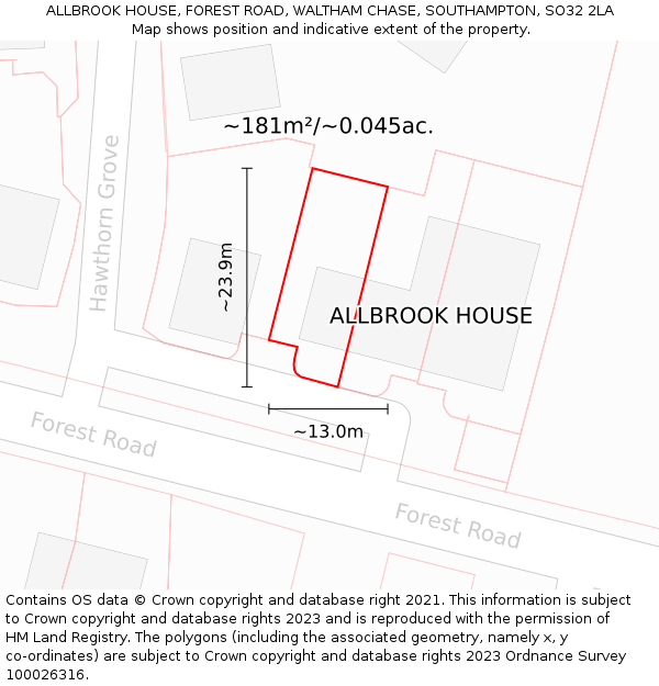 ALLBROOK HOUSE, FOREST ROAD, WALTHAM CHASE, SOUTHAMPTON, SO32 2LA: Plot and title map
