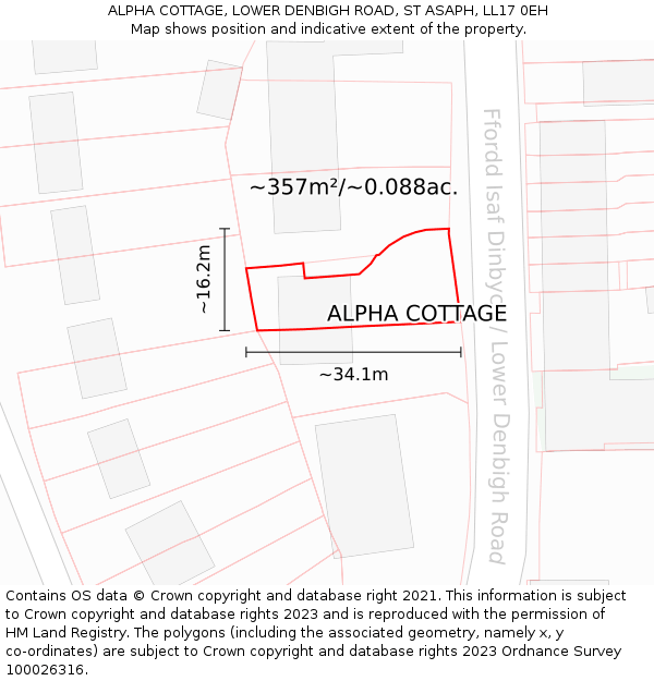 ALPHA COTTAGE, LOWER DENBIGH ROAD, ST ASAPH, LL17 0EH: Plot and title map