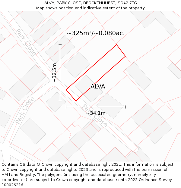 ALVA, PARK CLOSE, BROCKENHURST, SO42 7TG: Plot and title map