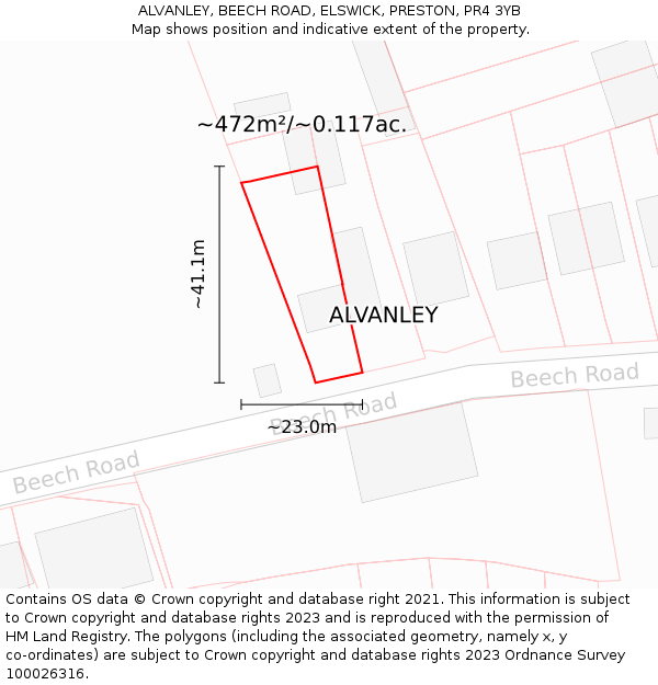 ALVANLEY, BEECH ROAD, ELSWICK, PRESTON, PR4 3YB: Plot and title map