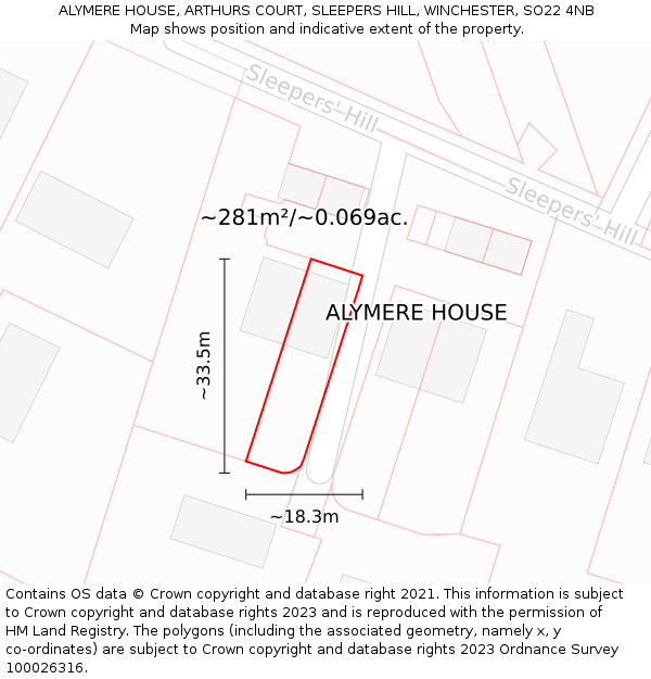 ALYMERE HOUSE, ARTHURS COURT, SLEEPERS HILL, WINCHESTER, SO22 4NB: Plot and title map