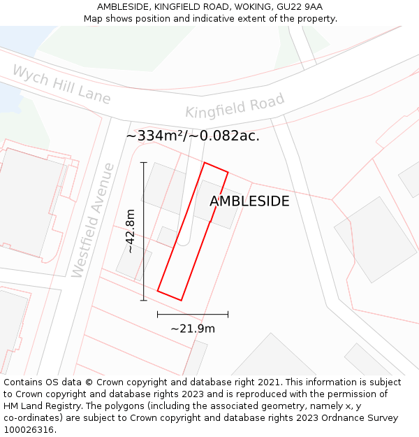 AMBLESIDE, KINGFIELD ROAD, WOKING, GU22 9AA: Plot and title map