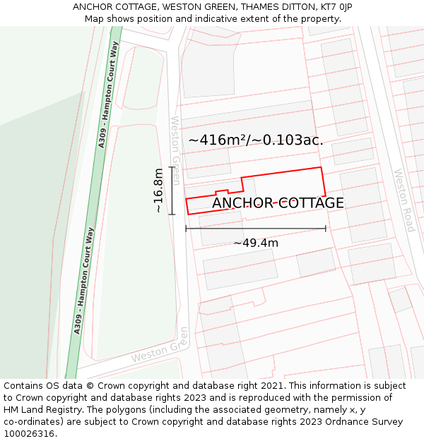 ANCHOR COTTAGE, WESTON GREEN, THAMES DITTON, KT7 0JP: Plot and title map