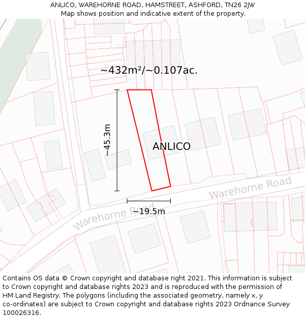 ANLICO, WAREHORNE ROAD, HAMSTREET, ASHFORD, TN26 2JW: Plot and title map