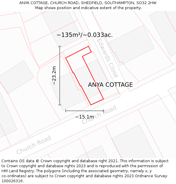 ANYA COTTAGE, CHURCH ROAD, SHEDFIELD, SOUTHAMPTON, SO32 2HW: Plot and title map