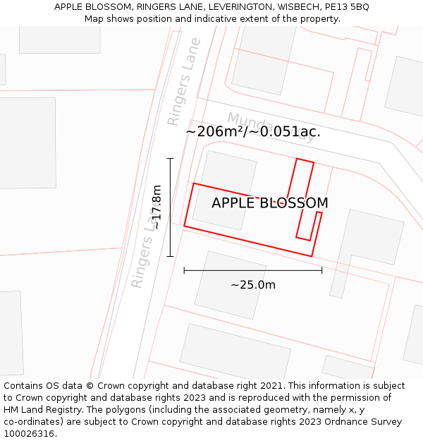 APPLE BLOSSOM, RINGERS LANE, LEVERINGTON, WISBECH, PE13 5BQ: Plot and title map