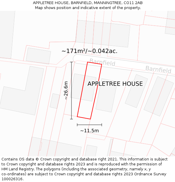 APPLETREE HOUSE, BARNFIELD, MANNINGTREE, CO11 2AB: Plot and title map