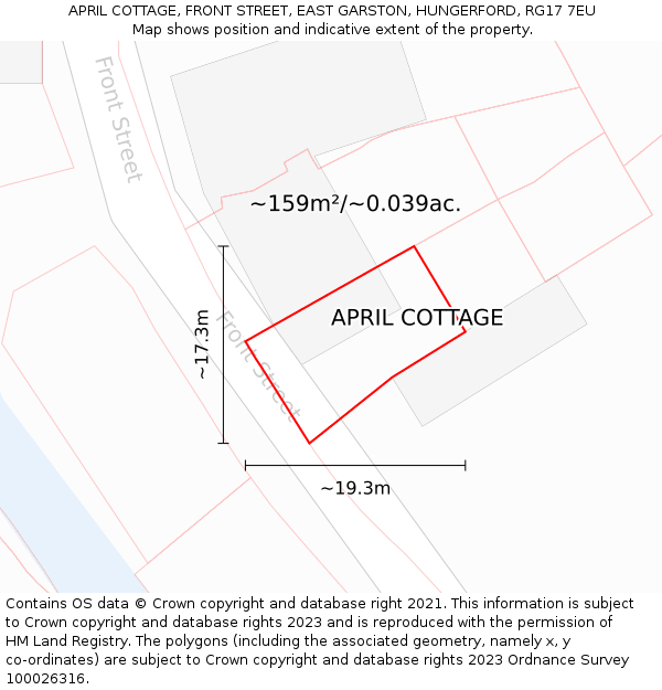 APRIL COTTAGE, FRONT STREET, EAST GARSTON, HUNGERFORD, RG17 7EU: Plot and title map