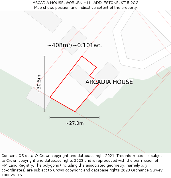 ARCADIA HOUSE, WOBURN HILL, ADDLESTONE, KT15 2QG: Plot and title map