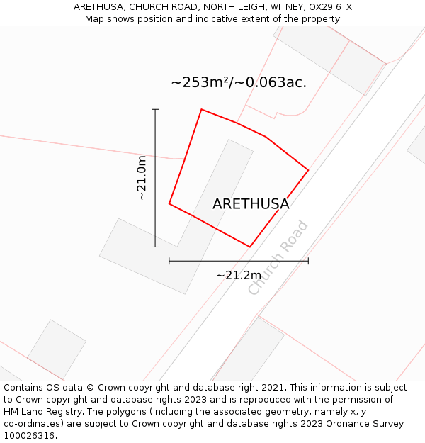 ARETHUSA, CHURCH ROAD, NORTH LEIGH, WITNEY, OX29 6TX: Plot and title map