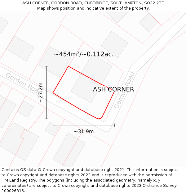 ASH CORNER, GORDON ROAD, CURDRIDGE, SOUTHAMPTON, SO32 2BE: Plot and title map