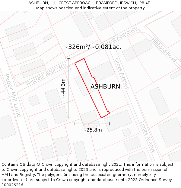 ASHBURN, HILLCREST APPROACH, BRAMFORD, IPSWICH, IP8 4BL: Plot and title map