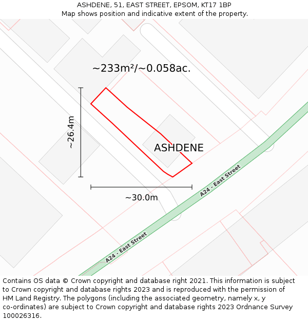 ASHDENE, 51, EAST STREET, EPSOM, KT17 1BP: Plot and title map