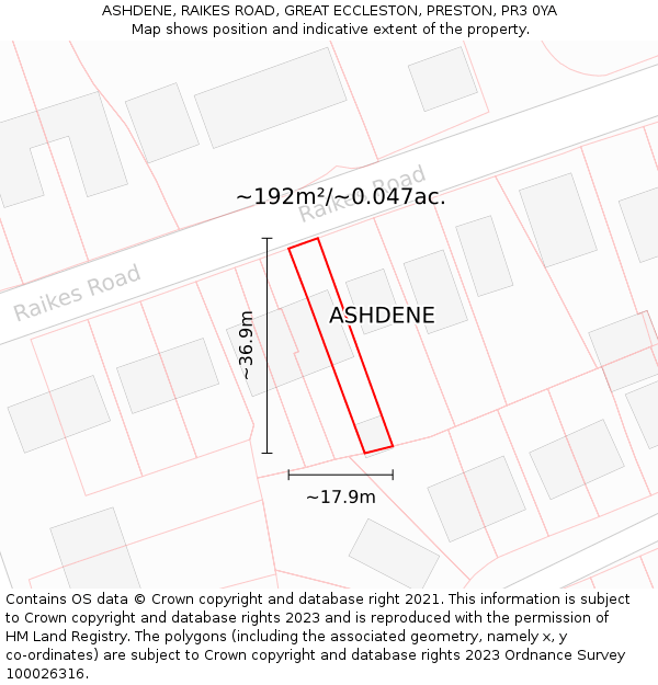 ASHDENE, RAIKES ROAD, GREAT ECCLESTON, PRESTON, PR3 0YA: Plot and title map