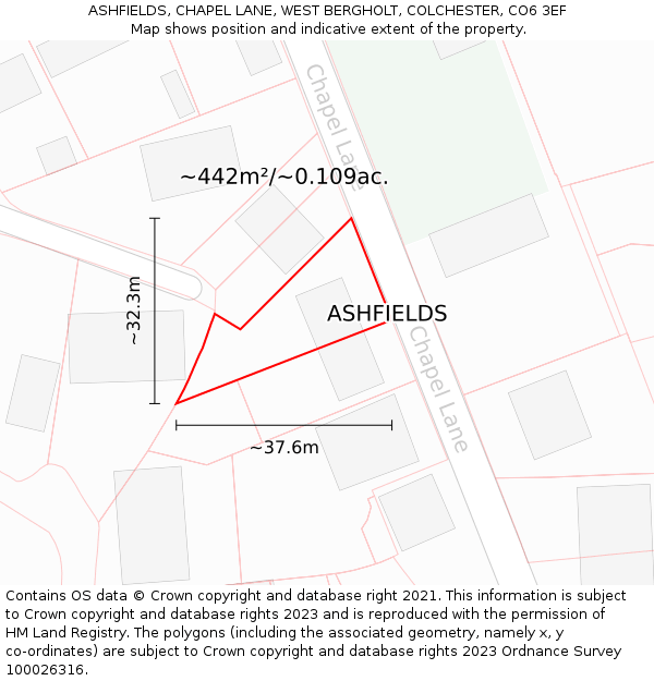 ASHFIELDS, CHAPEL LANE, WEST BERGHOLT, COLCHESTER, CO6 3EF: Plot and title map