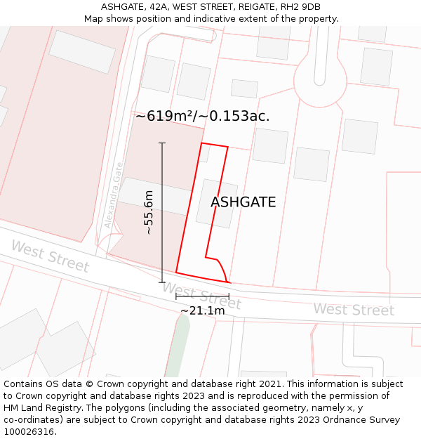 ASHGATE, 42A, WEST STREET, REIGATE, RH2 9DB: Plot and title map